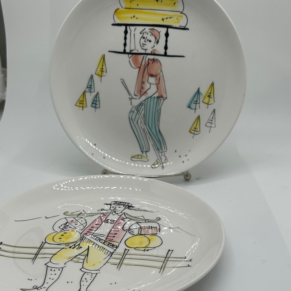 Whimsical Ceramic Plates with Yellow and Blue Illustrations 2 Art Deco